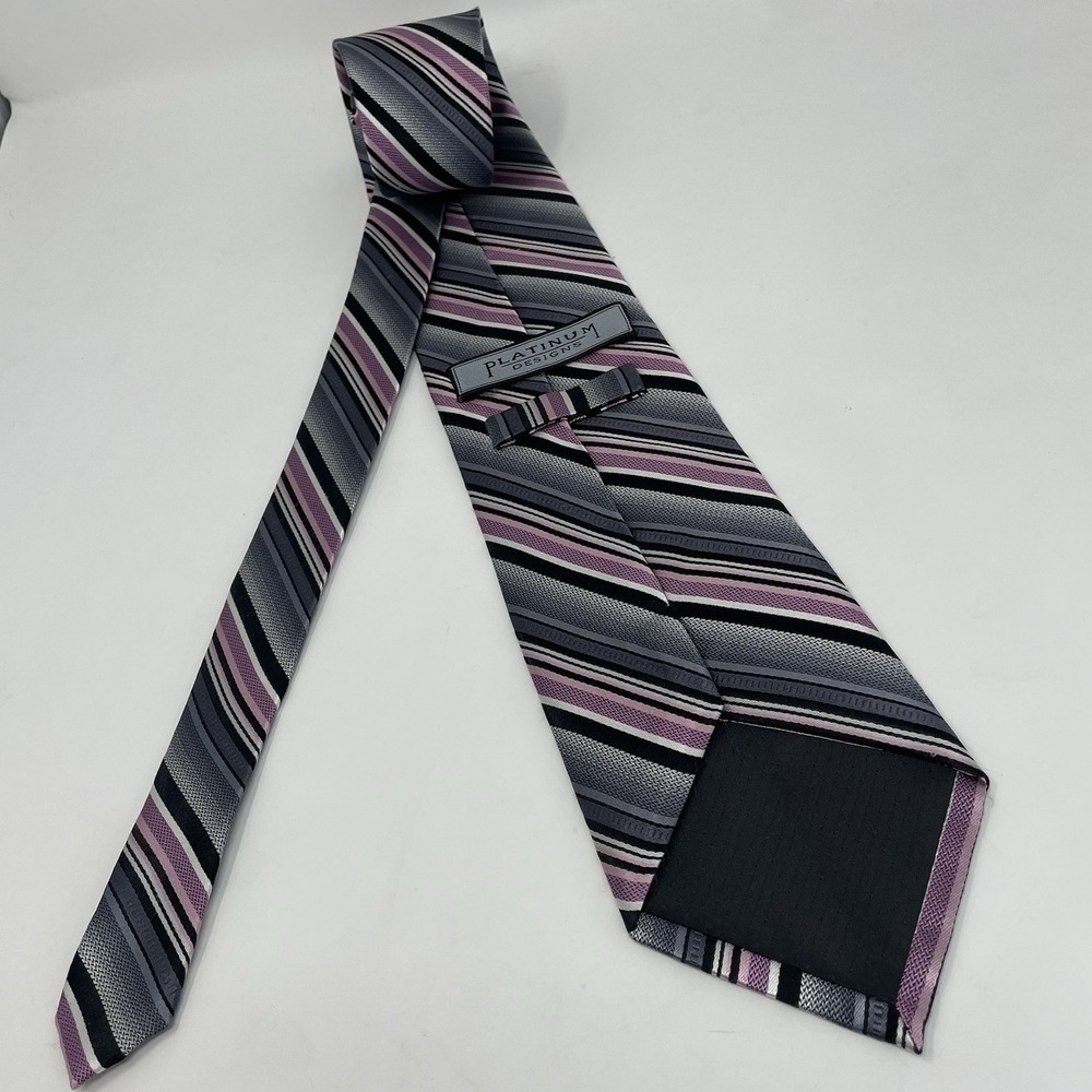 Platinum Designs Tie Handmade‎ Silk Pink Gray Black VTG 3.75x62" Stripes Classic - Picture 3 of 7